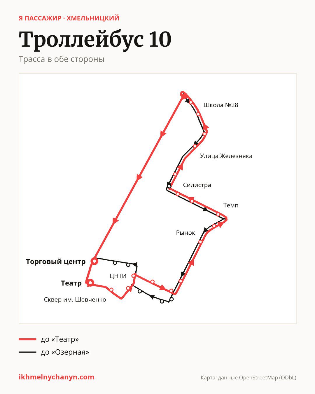 Троллейбус 10 в Хмельницком на карте: трасса в обе стороны